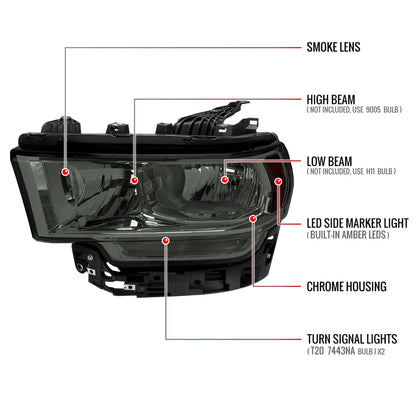 2019-2024 Dodge RAM 2500/3500/4500/5500 Factory Style Headlights (Chrome Housing/Smoked Lens)