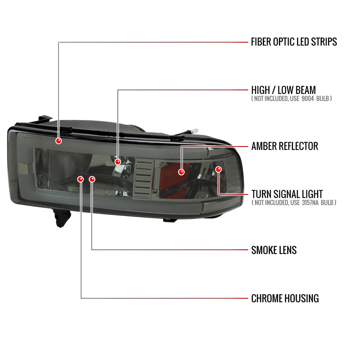 1994-2001 Dodge RAM 1500/ 1994-2002 RAM 2500/3500 Dual LED Bar Factory Style Headlights (Chrome Housing/Smoked Lens)