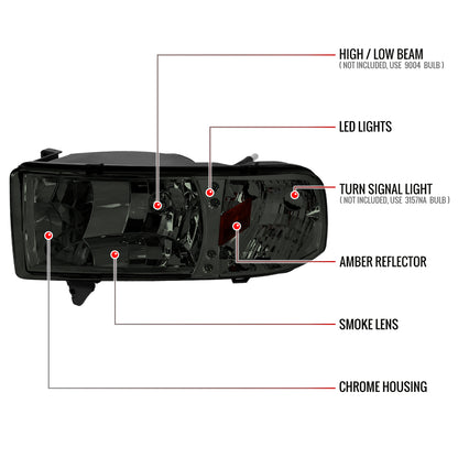 1994-2001 Dodge RAM 1500/ 1994-2002 RAM 2500 3500 Crystal Headlights (Chrome Housing/Smoked Lens)