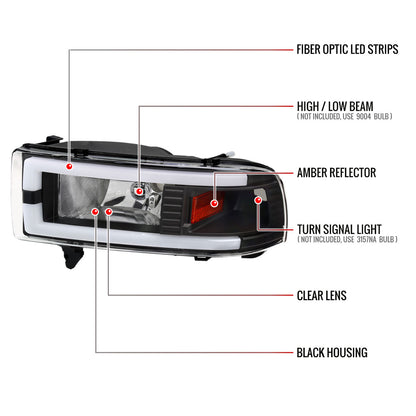 1994-2001 Dodge RAM 1500/ 1994-2002 RAM 2500/3500 Dual LED Bar Factory Style Headlights (Matte Black Housing/Clear Lens)