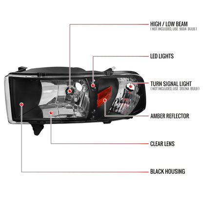 1994-2001 Dodge RAM 1500/ 1994-2002 Dodge RAM 2500 3500 Crystal Headlights (Matte Black Housing/Clear Lens)
