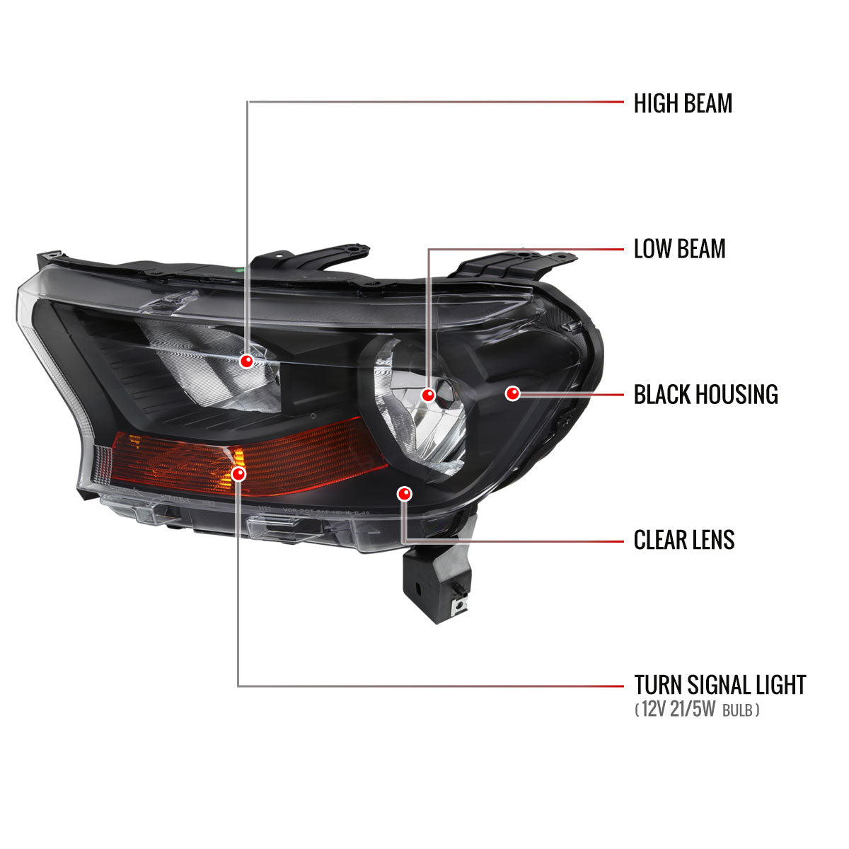 2019-2022 Ford Ranger XL XLT Factory Style Headlights (Matte Black Housing/Clear Lens)