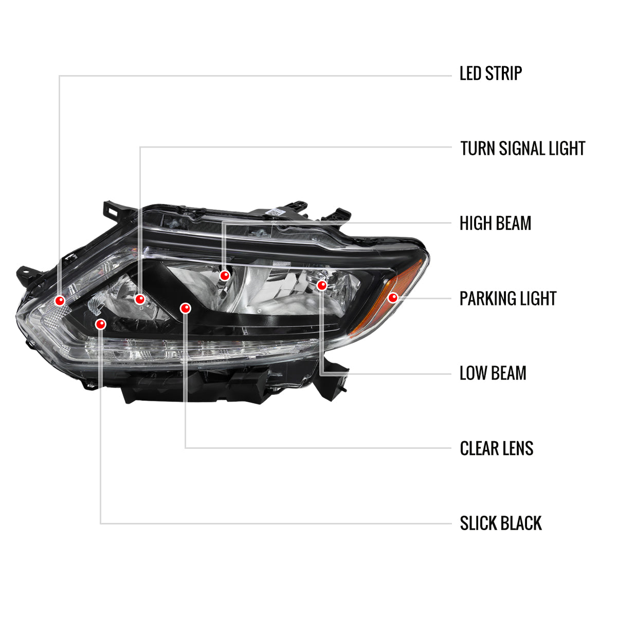2014-2016 Nissan Rogue LED Strip Factory Style Headlights (Matte Black Housing/Clear Lens)