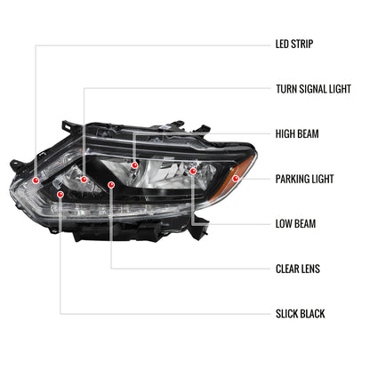 2014-2016 Nissan Rogue LED Strip Factory Style Headlights (Matte Black Housing/Clear Lens)