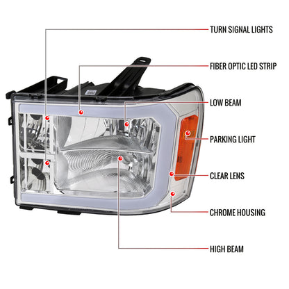2007-2013 GMC Sierra 1500/ 2007-2014 1500HD 2500HD 3500HD LED Bar Factory Style Headlights (Chrome Housing/Clear Lens)