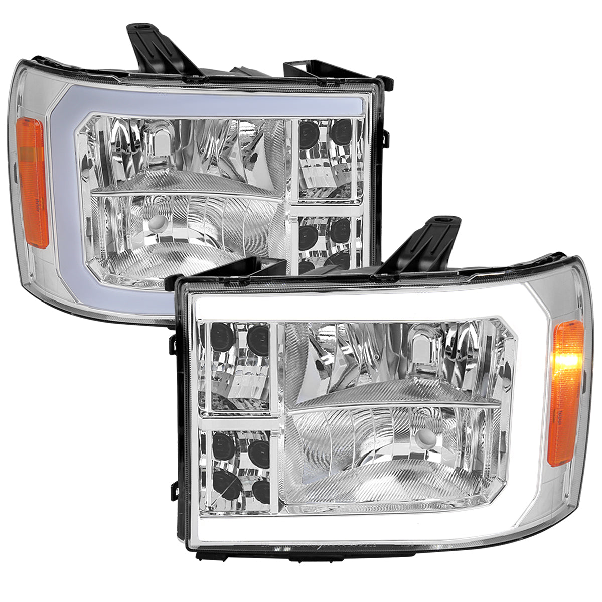 2007-2013 GMC Sierra 1500/ 2007-2014 1500HD 2500HD 3500HD LED Bar Factory Style Headlights (Chrome Housing/Clear Lens)
