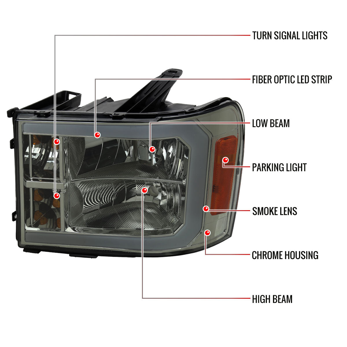 2007-2013 GMC Sierra 1500/ 2007-2014 1500HD 2500HD 3500HD LED Bar Factory Style Headlights (Chrome Housing/Smoked Lens)