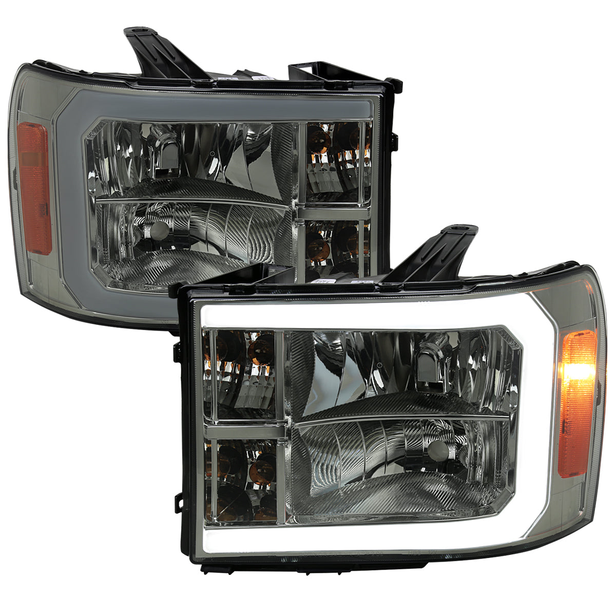 2007-2013 GMC Sierra 1500/ 2007-2014 1500HD 2500HD 3500HD LED Bar Factory Style Headlights (Chrome Housing/Smoked Lens)