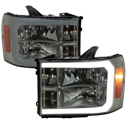2007-2013 GMC Sierra 1500/ 2007-2014 1500HD 2500HD 3500HD LED Bar Factory Style Headlights (Chrome Housing/Smoked Lens)