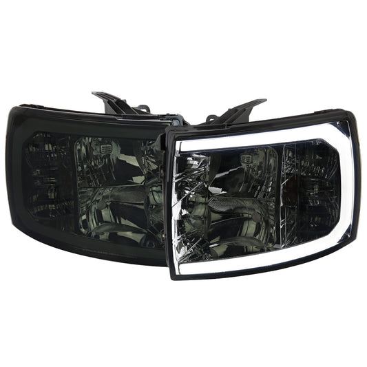 2007-2013 Chevrolet Silverado 1500/ 2007-2014 Silverado 2500HD 3500HD LED C-Bar Factory Style Headlights w/ Amber Reflector (Chrome Housing/Smoked Lens)