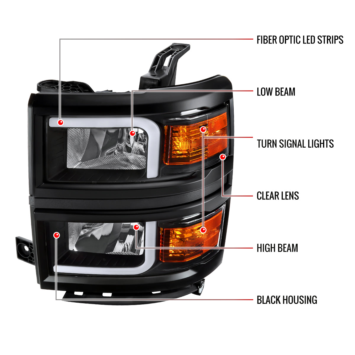 2014-2015 Chevrolet Silverado 1500 LED Bar Factory Style Headlights - Black (Matte Black Housing/Clear Lens)