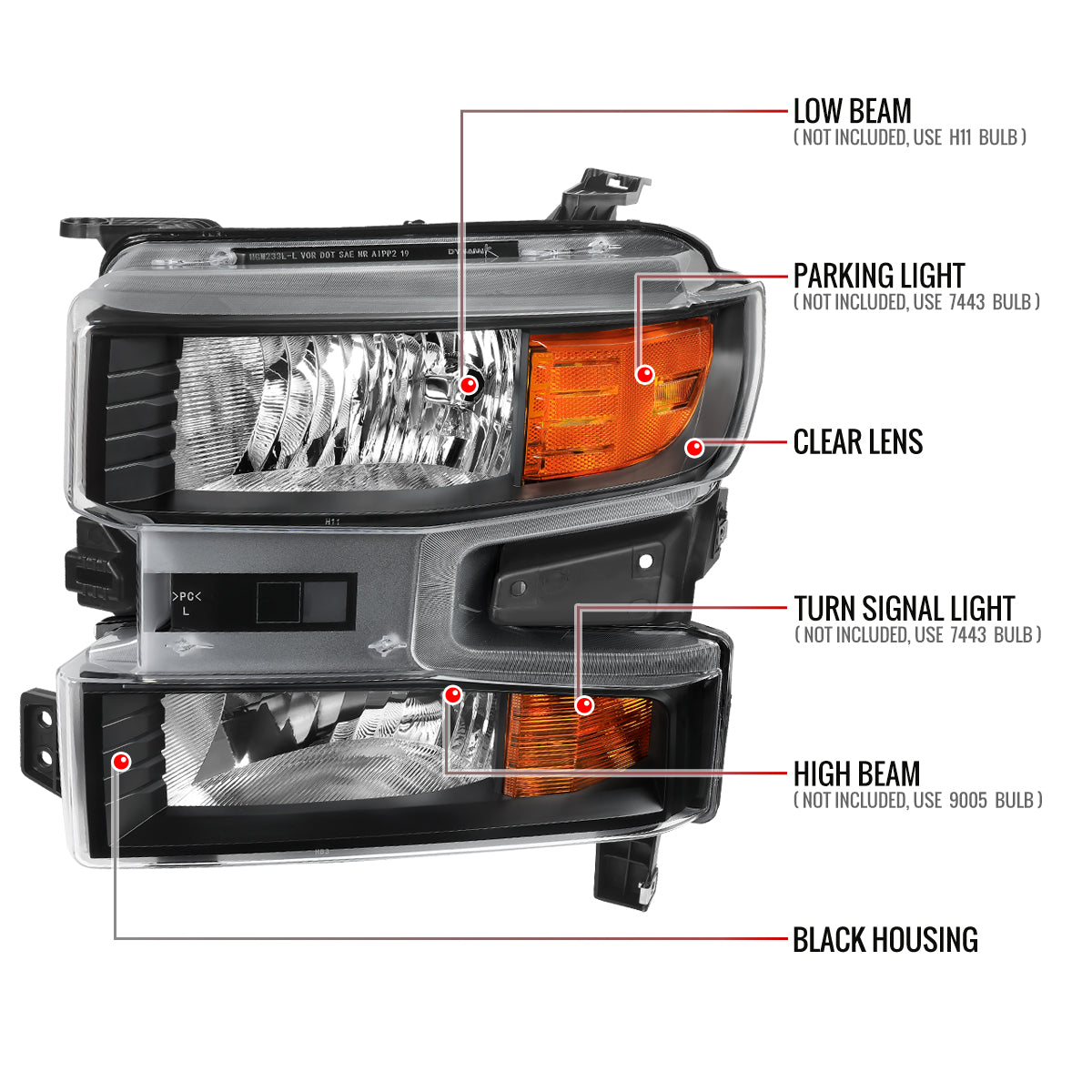 2019-2021 Chevrolet Silverado 1500 Driver/Left Side Factory Style Projector Headlight (Matte Black Housing/Clear Lens)