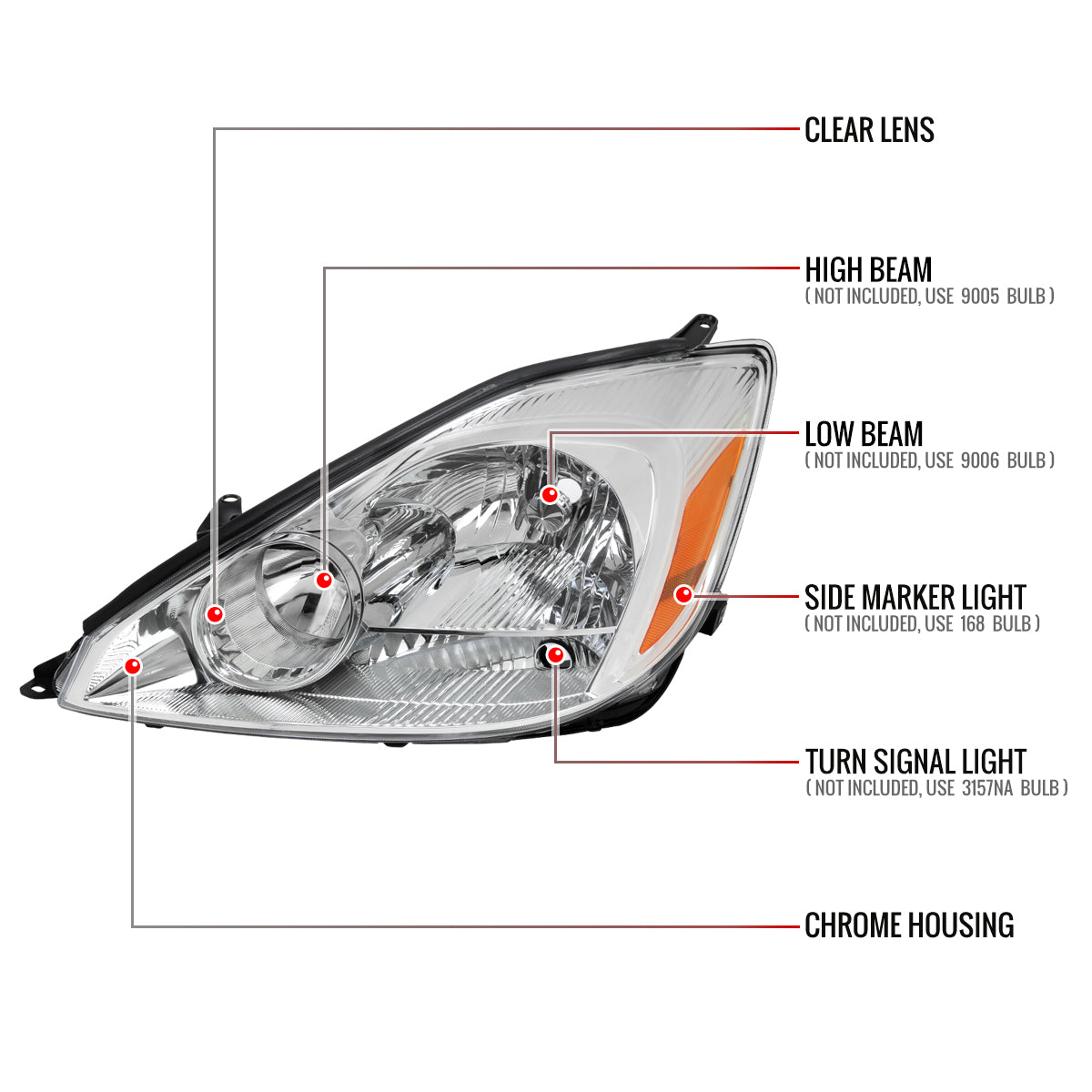 2004-2005 Toyota Sienna Driver/Left Side Factory Style Headlights w/ Amber Reflector (Chrome Housing/Clear Lens)