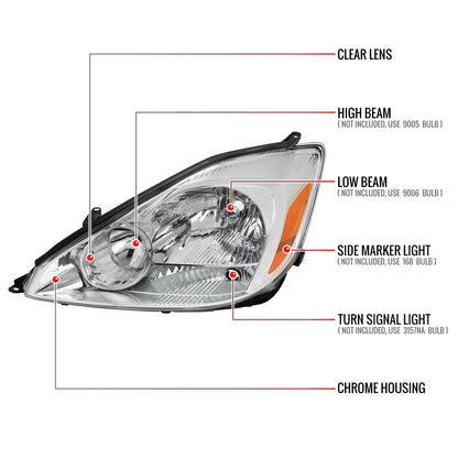 2004-2005 Toyota Sienna Driver/Left Side Factory Style Headlights w/ Amber Reflector (Chrome Housing/Clear Lens)