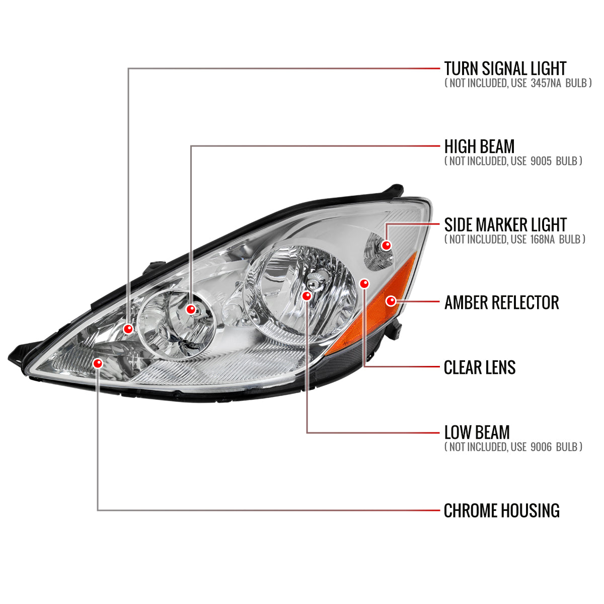2006-2010 Toyota Sienna Factory Style Driver/Left Headlight w/ Amber Reflector (Chrome Housing/Clear Lens)