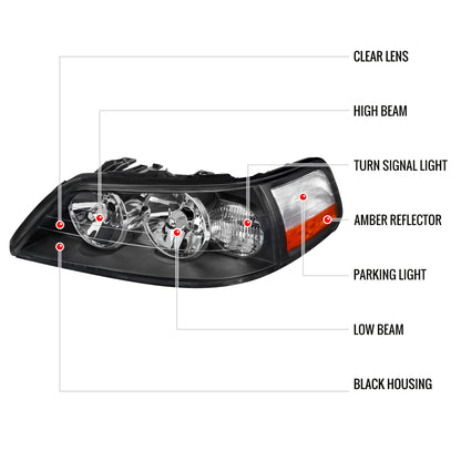 2005-2011 Lincoln Town Car Factory Style Headlights (Matte Black Housing/Clear Lens)
