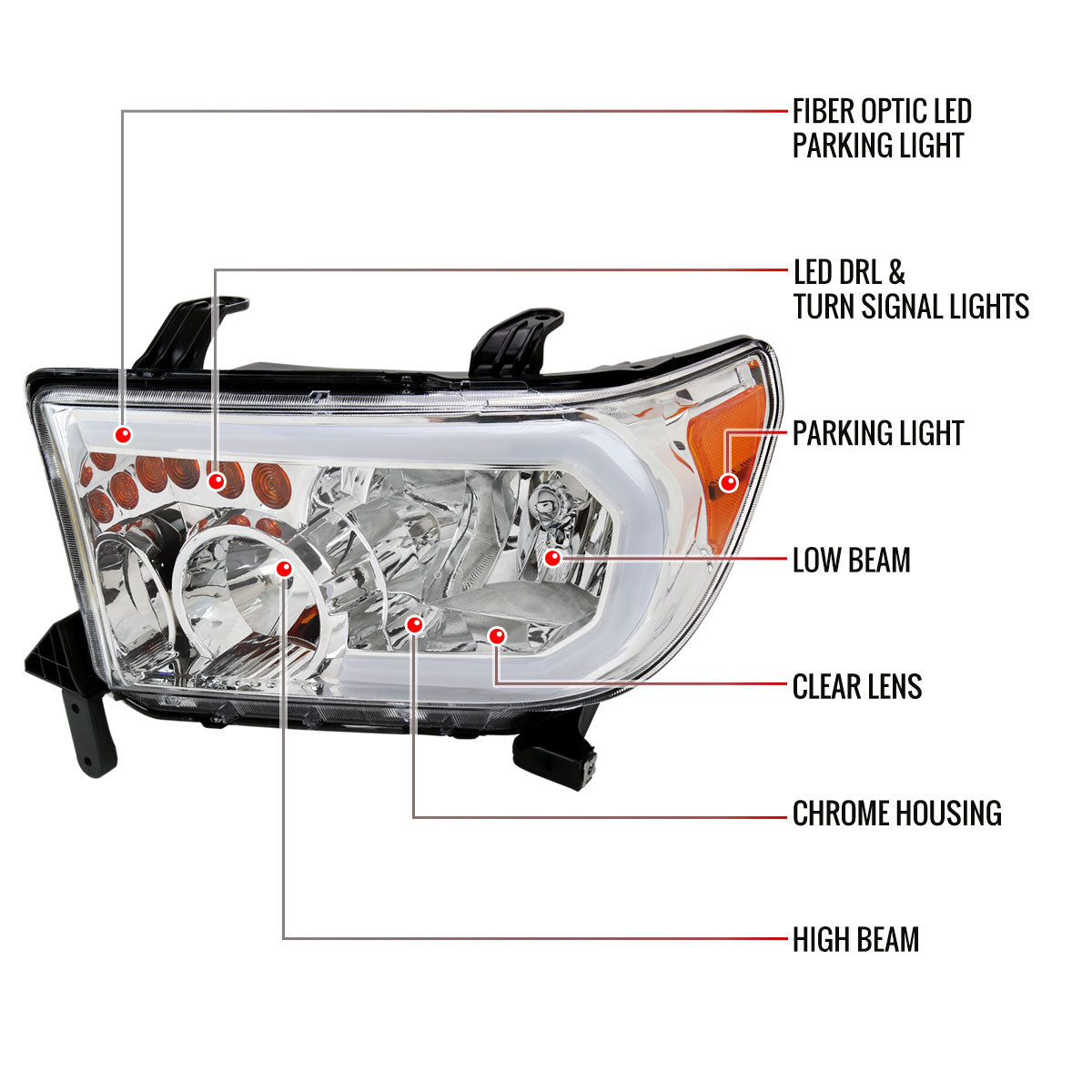 2007-2013 Toyota Tundra/2008-2017 Sequoia Headlights LED Tube Factory Style Headlights with LED Turn Signal (Chrome Housing/Clear Lens)