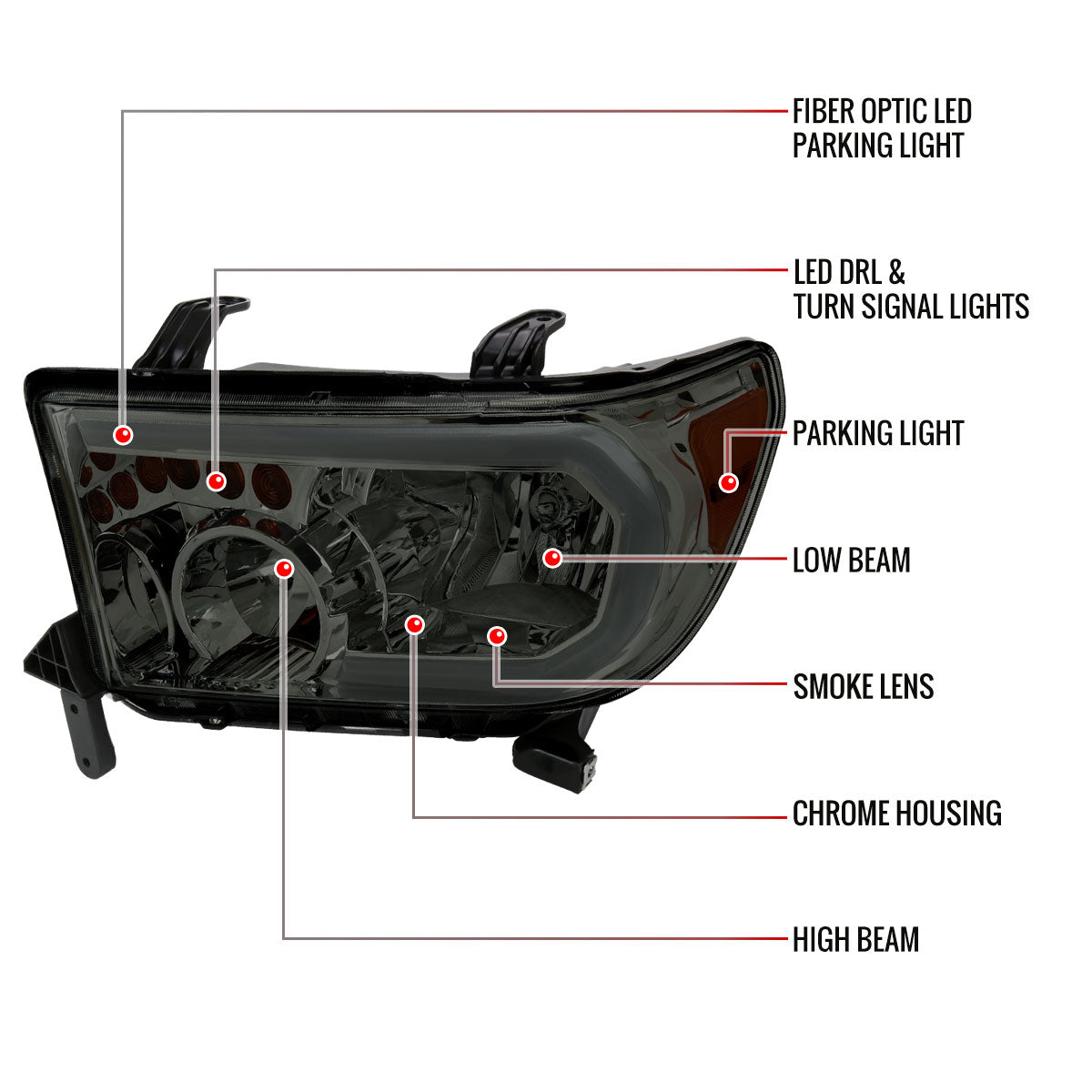 2007-2013 Toyota Tundra/2008-2017 Sequoia Headlights LED Tube Factory Style Headlights with LED Turn Signal (Chrome Housing/Smoked Lens)