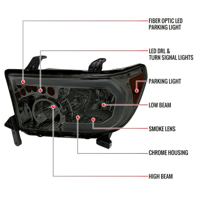 2007-2013 Toyota Tundra/2008-2017 Sequoia Headlights LED Tube Factory Style Headlights with LED Turn Signal (Chrome Housing/Smoked Lens)