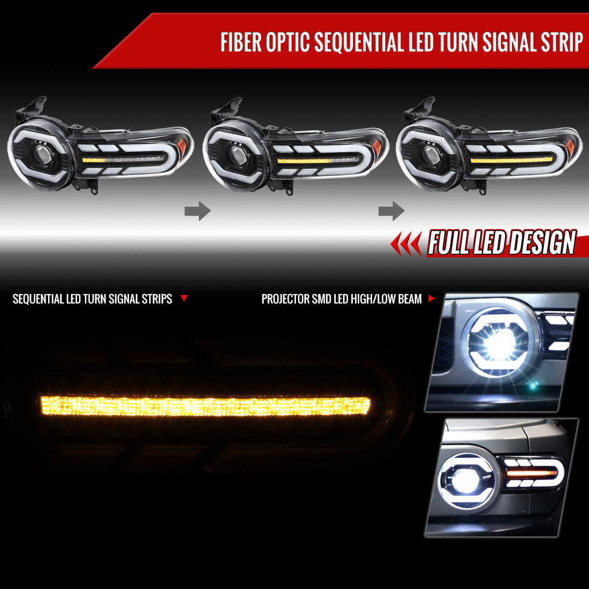 2007-2014 Toyota FJ Cruiser Full LED Projector Headlights with Sequential LED Turn Signal (Matte Black Housing/Clear Lens)