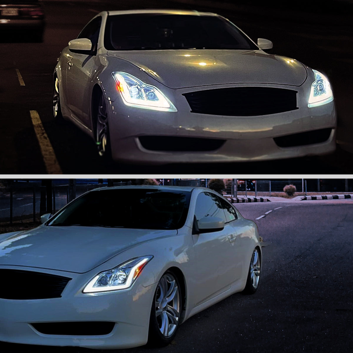 2008-2013 Infiniti G37/2014-2015 Q60 Coupe/Convertible Sequential Switchback LED Turn Signal Full LED Projector Headlights (Chrome Housing / Clear Lens)