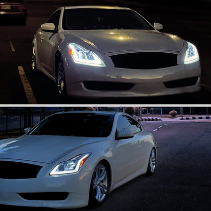 2008-2013 Infiniti G37/2014-2015 Q60 Coupe/Convertible Sequential Switchback LED Turn Signal Full LED Projector Headlights (Chrome Housing / Clear Lens)
