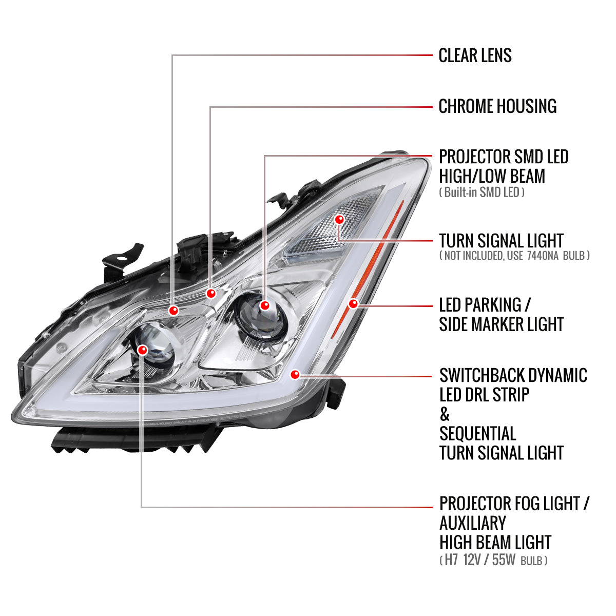 2008-2013 Infiniti G37/2014-2015 Q60 Coupe/Convertible Sequential Switchback LED Turn Signal Full LED Projector Headlights (Chrome Housing / Clear Lens)