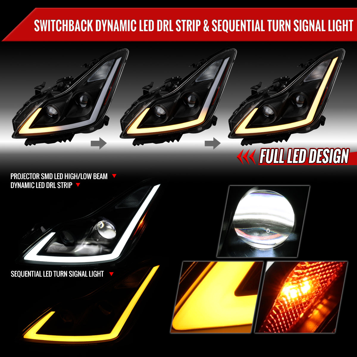 2008-2013 Infiniti G37/2014-2015 Q60 Coupe/Convertible Sequential Switchback LED Turn Signal Full LED Projector Headlights (Matte Black Housing / Smoked Lens)