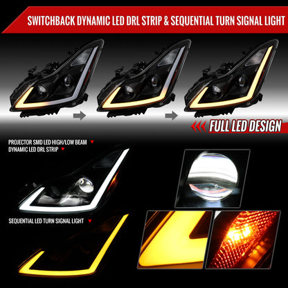 2008-2013 Infiniti G37/2014-2015 Q60 Coupe/Convertible Sequential Switchback LED Turn Signal Full LED Projector Headlights (Matte Black Housing / Smoked Lens)