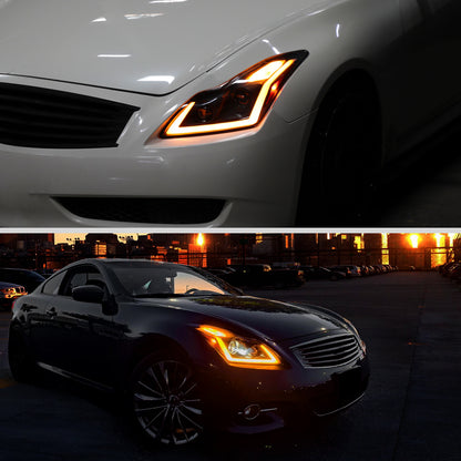 2008-2013 Infiniti G37/2014-2015 Q60 Coupe/Convertible Sequential Switchback LED Turn Signal Full LED Projector Headlights (Matte Black Housing / Smoked Lens)