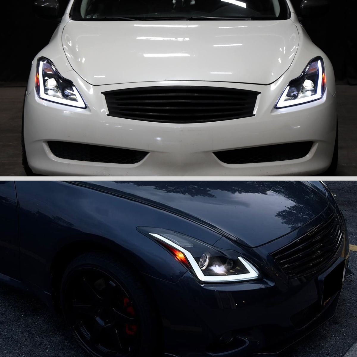 2008-2013 Infiniti G37/2014-2015 Q60 Coupe/Convertible Sequential Switchback LED Turn Signal Full LED Projector Headlights (Matte Black Housing / Smoked Lens)