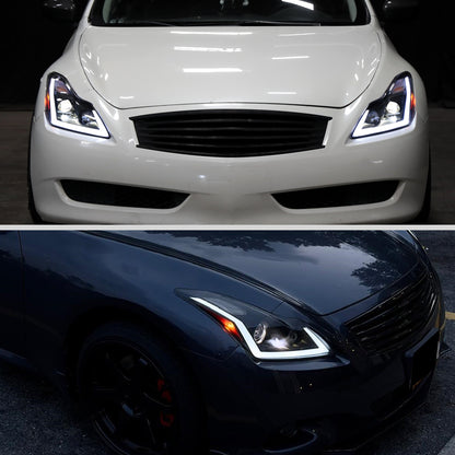 2008-2013 Infiniti G37/2014-2015 Q60 Coupe/Convertible Sequential Switchback LED Turn Signal Full LED Projector Headlights (Matte Black Housing / Smoked Lens)