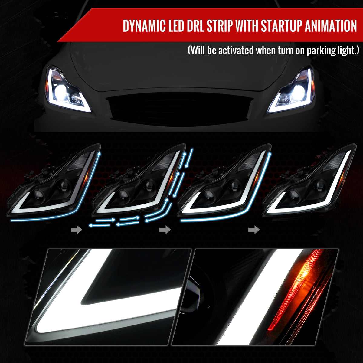 2008-2013 Infiniti G37/2014-2015 Q60 Coupe/Convertible Sequential Switchback LED Turn Signal Full LED Projector Headlights (Matte Black Housing / Smoked Lens)