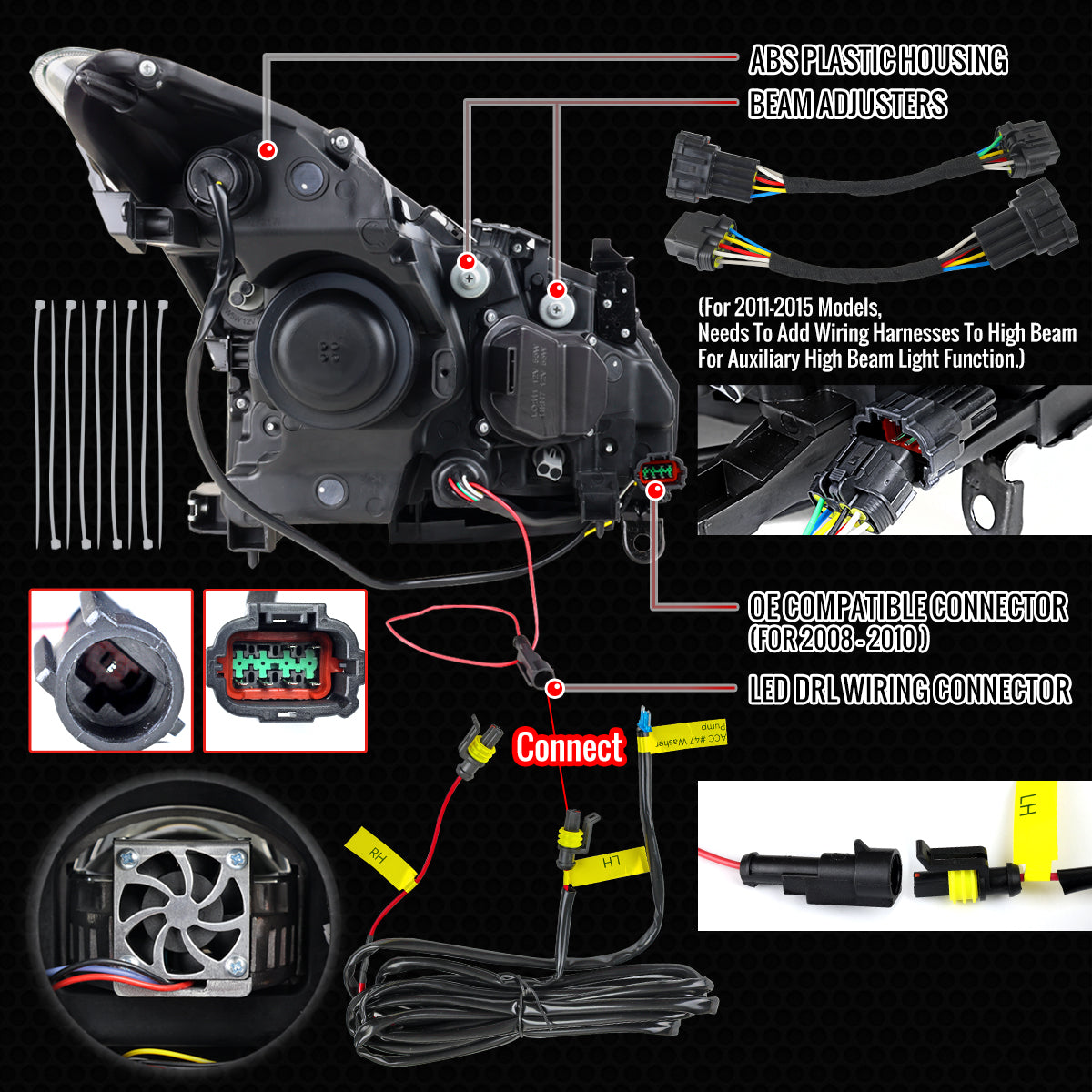 2008-2013 Infiniti G37/2014-2015 Q60 Coupe/Convertible Sequential Switchback LED Turn Signal Full LED Projector Headlights (Matte Black Housing / Smoked Lens)