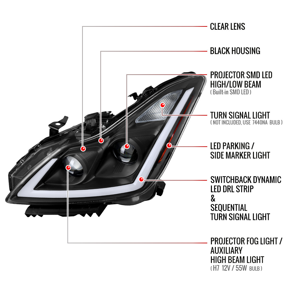 2008-2013 Infiniti G37/2014-2015 Q60 Coupe/Convertible Sequential Switchback LED Turn Signal Full LED Projector Headlights (Matte Black Housing / Smoked Lens)