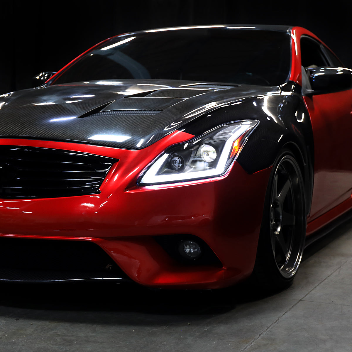 2008-2013 Infiniti G37/2014-2015 Q60 Coupe/Convertible Sequential Switchback LED Turn Signal Full LED Projector Headlights (Matte Black Housing / Smoked Lens)
