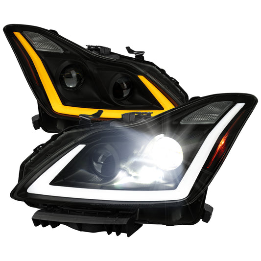 2008-2013 Infiniti G37/2014-2015 Q60 Coupe/Convertible Sequential Switchback LED Turn Signal Full LED Projector Headlights (Matte Black Housing / Smoked Lens)