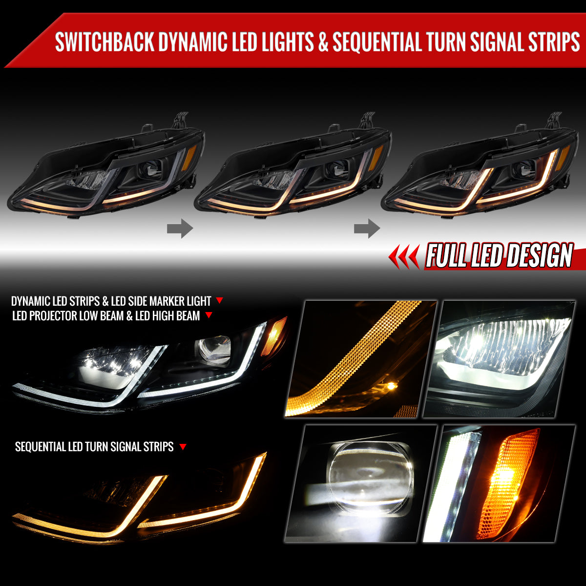 2019-2024 Chevrolet Malibu Full LED Projector Headlights Switchback Sequential Turn Signal (Matte Black Housing/Clear Lens)