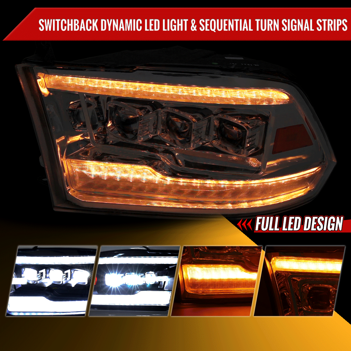 2009-2018 Dodge RAM 1500 / 2019 RAM Classic / 2010-2018 RAM 2500 3500 Switchback Sequential Full LED Projector Headlights (Chrome Housing/Clear Lens)