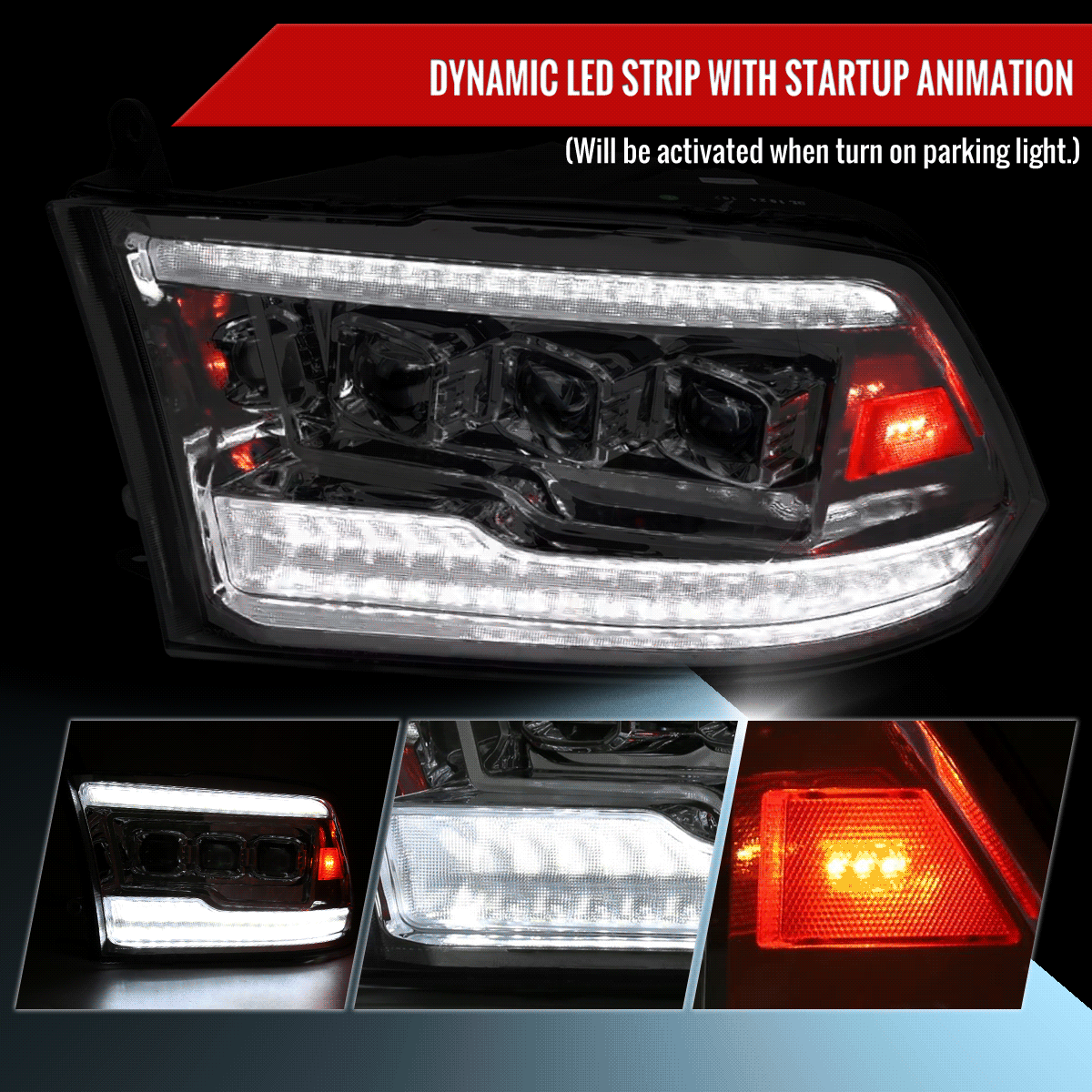 2009-2018 Dodge RAM 1500 / 2019 RAM Classic / 2010-2018 RAM 2500 3500 Switchback Sequential Full LED Projector Headlights (Chrome Housing/Clear Lens)