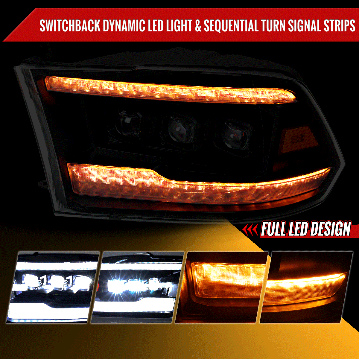 2009-2018 Dodge RAM 1500 / 2019 RAM Classic / 2010-2018 RAM 2500 3500 Switchback Sequential Full LED Projector Headlights (Matte Black Housing/Clear Lens)