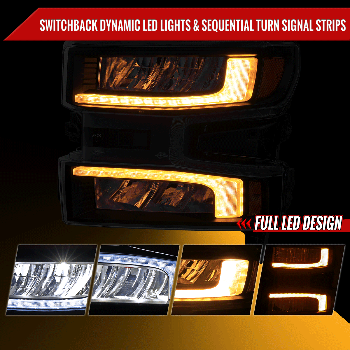 2019-2021 Chevrolet Silverado 1500 Full LED Projector Headlights with Sequential LED Turn Signal (Matte Black Housing/Clear Lens)