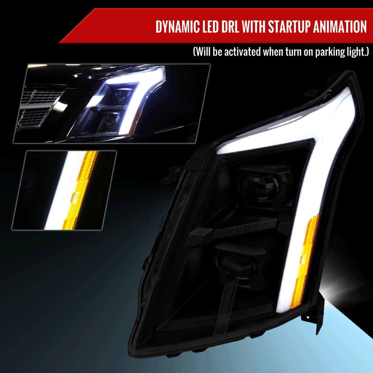 2010-2016 Cadillac SRX Full Switchback Sequential LED DRL Projector Headlights (Matte Black Housing/Clear Lens)