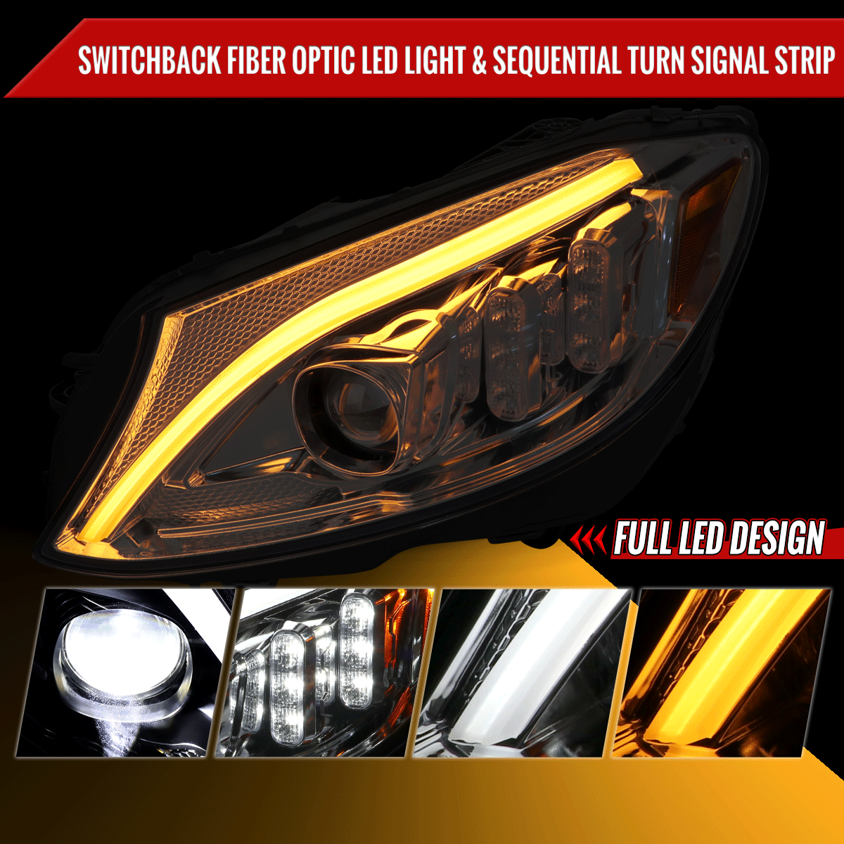2015-2018 Mercedes-Benz C-Class W205 Full LED Projector Headlights with Sequential Turn Signal (Chrome Housing/Clear Lens)