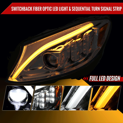 2015-2018 Mercedes-Benz C-Class W205 Full LED Projector Headlights with Sequential Turn Signal (Chrome Housing/Clear Lens)