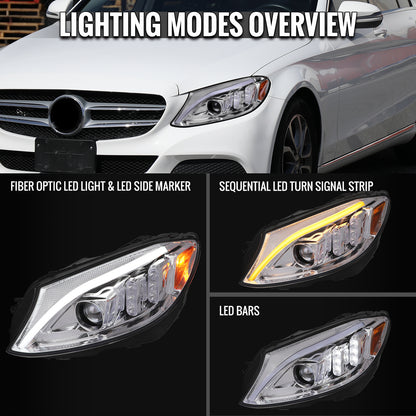 2015-2018 Mercedes-Benz C-Class W205 Full LED Projector Headlights with Sequential Turn Signal (Chrome Housing/Clear Lens)
