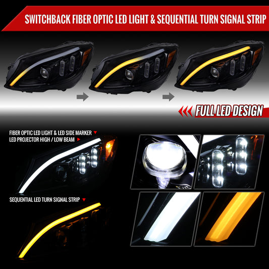 2015-2018 Mercedes-Benz C-Class W205 Full LED Projector Headlights with Sequential Turn Signal (Glossy Black Housing/Light Smoked Lens)