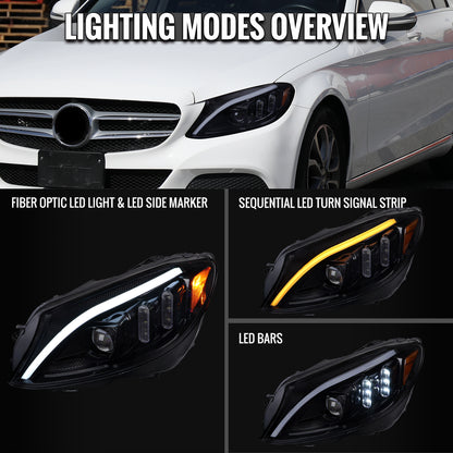 2015-2018 Mercedes-Benz C-Class W205 Full LED Projector Headlights with Sequential Turn Signal (Glossy Black Housing/Light Smoked Lens)