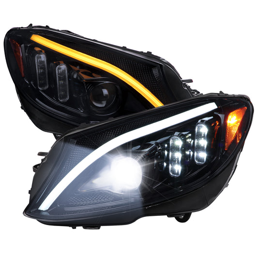 2015-2018 Mercedes-Benz C-Class W205 Full LED Projector Headlights with Sequential Turn Signal (Glossy Black Housing/Light Smoked Lens)