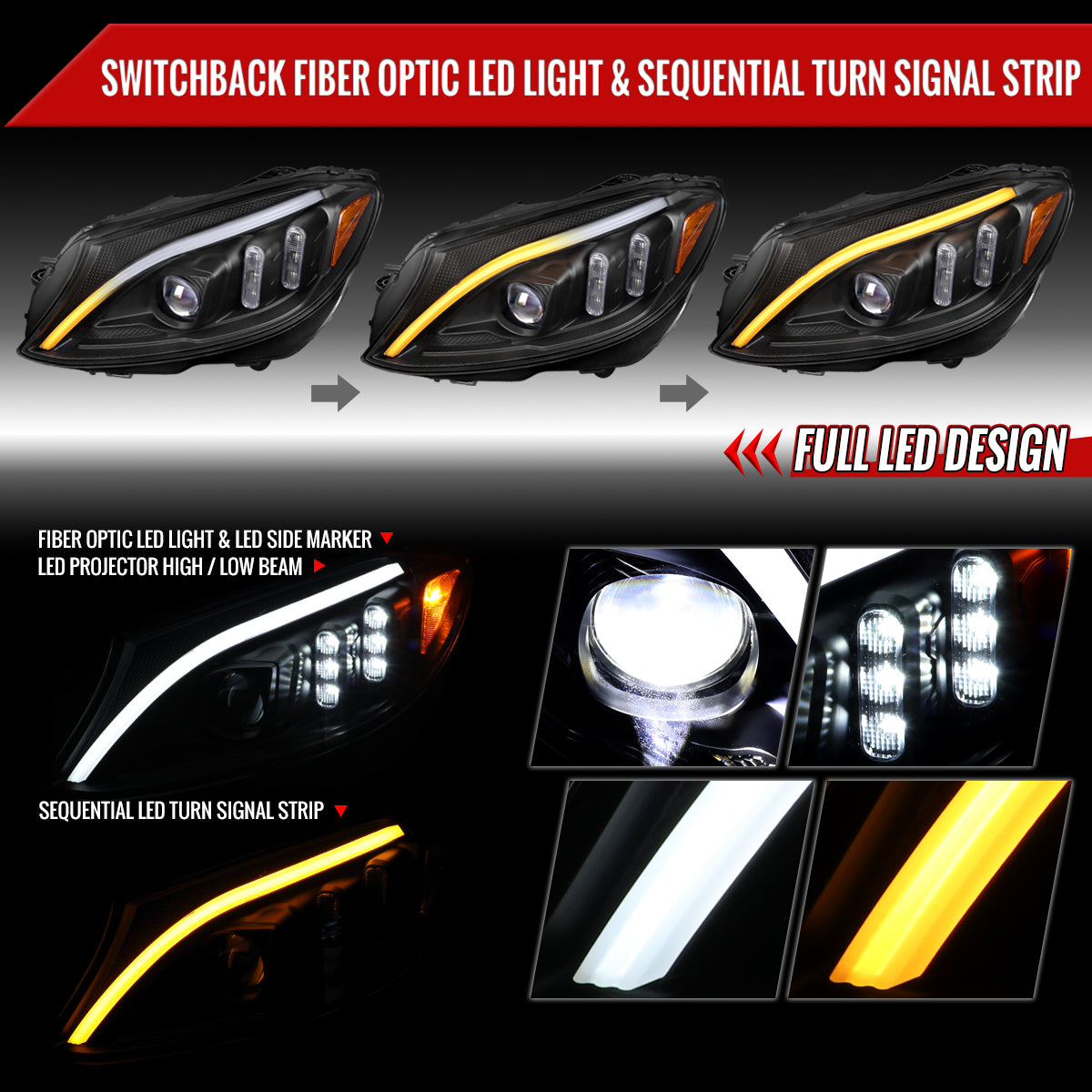 2015-2018 Mercedes-Benz C-Class W205 Full LED Projector Headlights with Sequential Turn Signal (Matte Black Housing/Clear Lens)